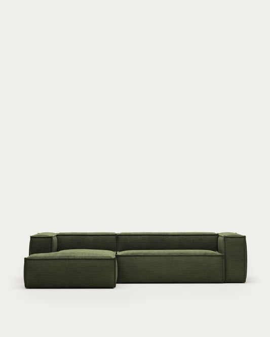Blok 3-seater left chaise longue sofa in green thick corduroy 300cm FSC Mix Credit