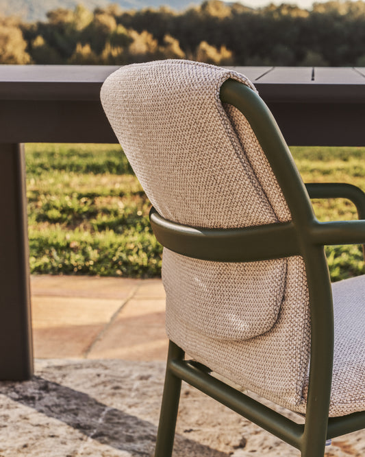 Linosa stackable outdoor chair in green aluminium with beige cushion