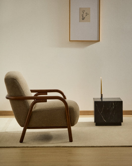 Sylo armchair in taupe chenille and solid ash wood with walnut-coloured finish FSC 100%