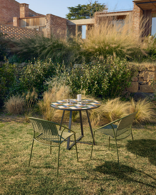 Tella round table in graphite galvanised steel with multicoloured tiles Ø120 cm