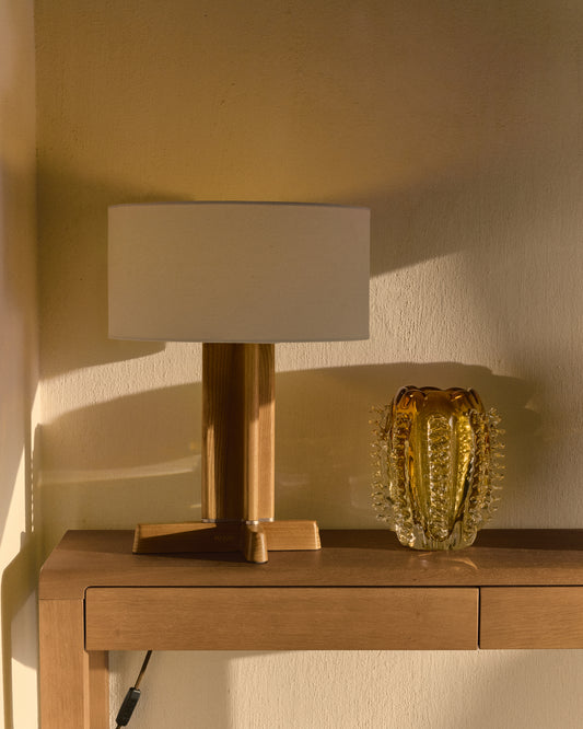 Niani table lamp in rubber wood with natural finish and ivory-coloured cotton lamp shade Ø30cm