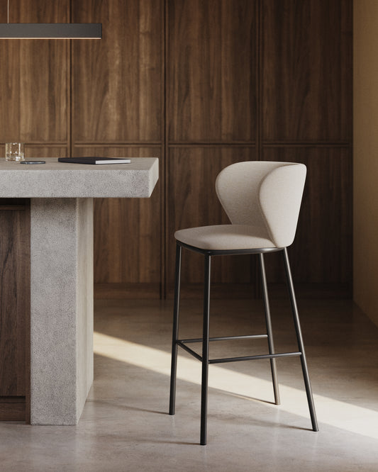 Ciselia stool in beige chenille with steel legs in black 65 cm height FSC Mix Credit