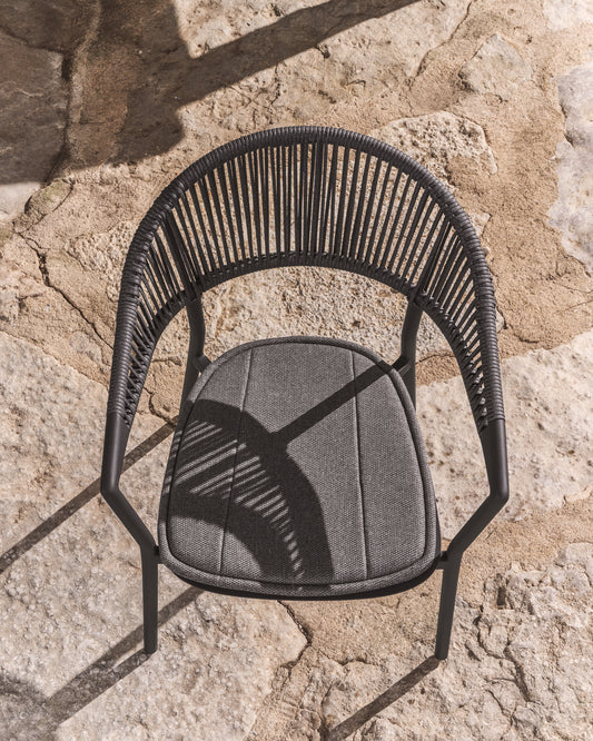 Alimia stackable outdoor chair in graphite aluminium with grey synthetic rope