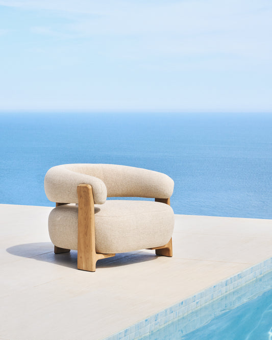 Granite outdoor armchair in beige with legs in FSC 100% solid teak wood in a natural finish