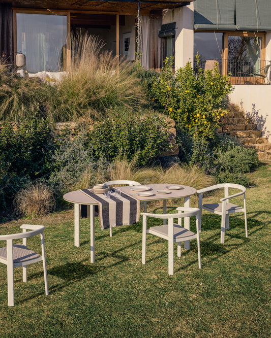 Erice set of 6 aluminium and rope cord stackable chairs and a table in ecru aluminium and tempered glass 230 x 100cm