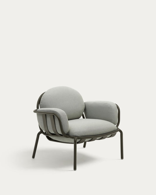 Joncols outdoor armchair in aluminium with green painted finish and grey cushions