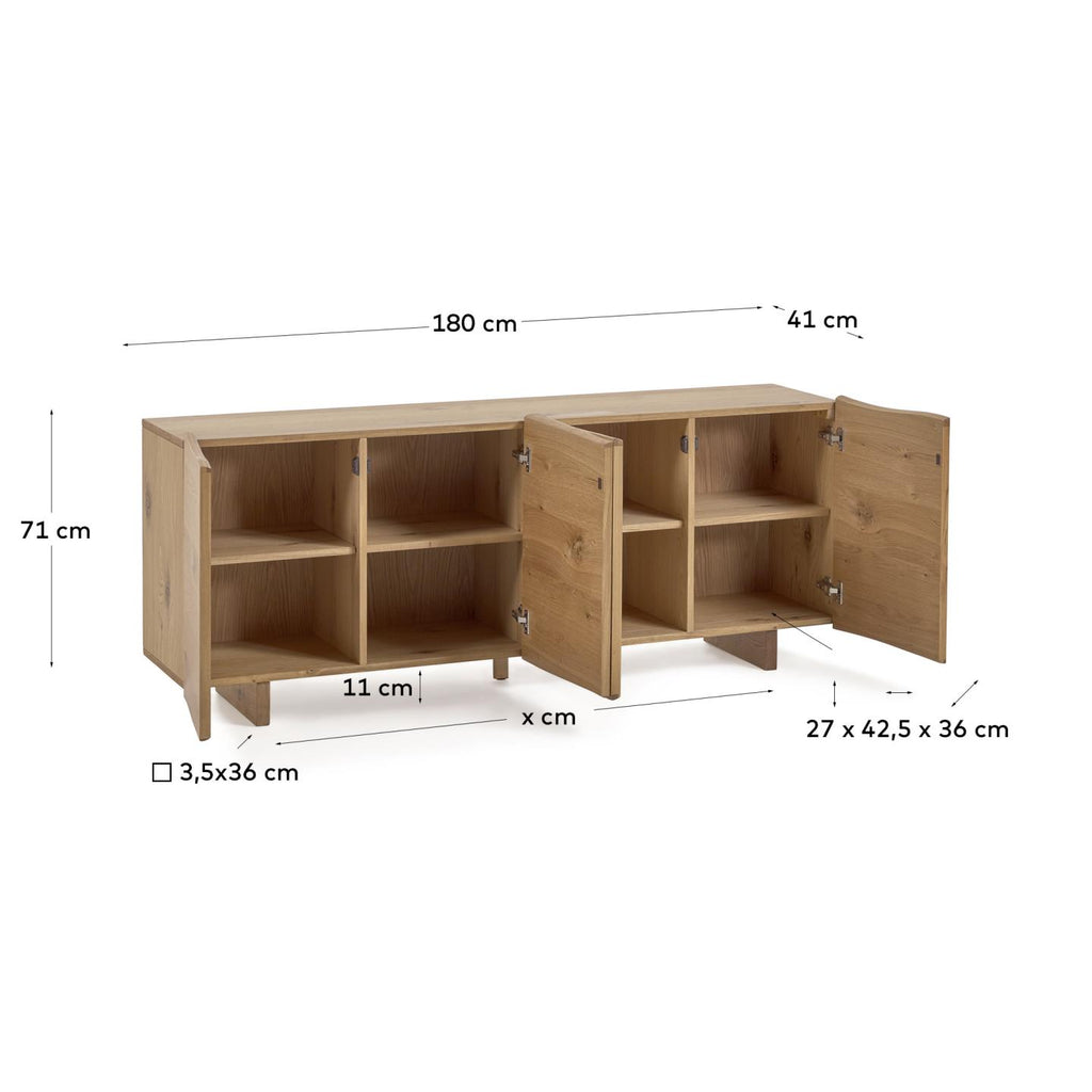 Rasha 4 door sideboard in oak veneer with natural finish, 180 x 71 cm