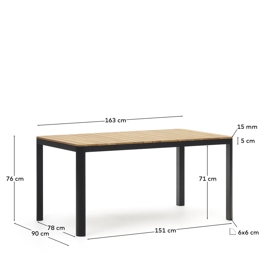 Bona aluminium and solid teak table, 100% outdoor suitable with black finish, 160 x 90 cm