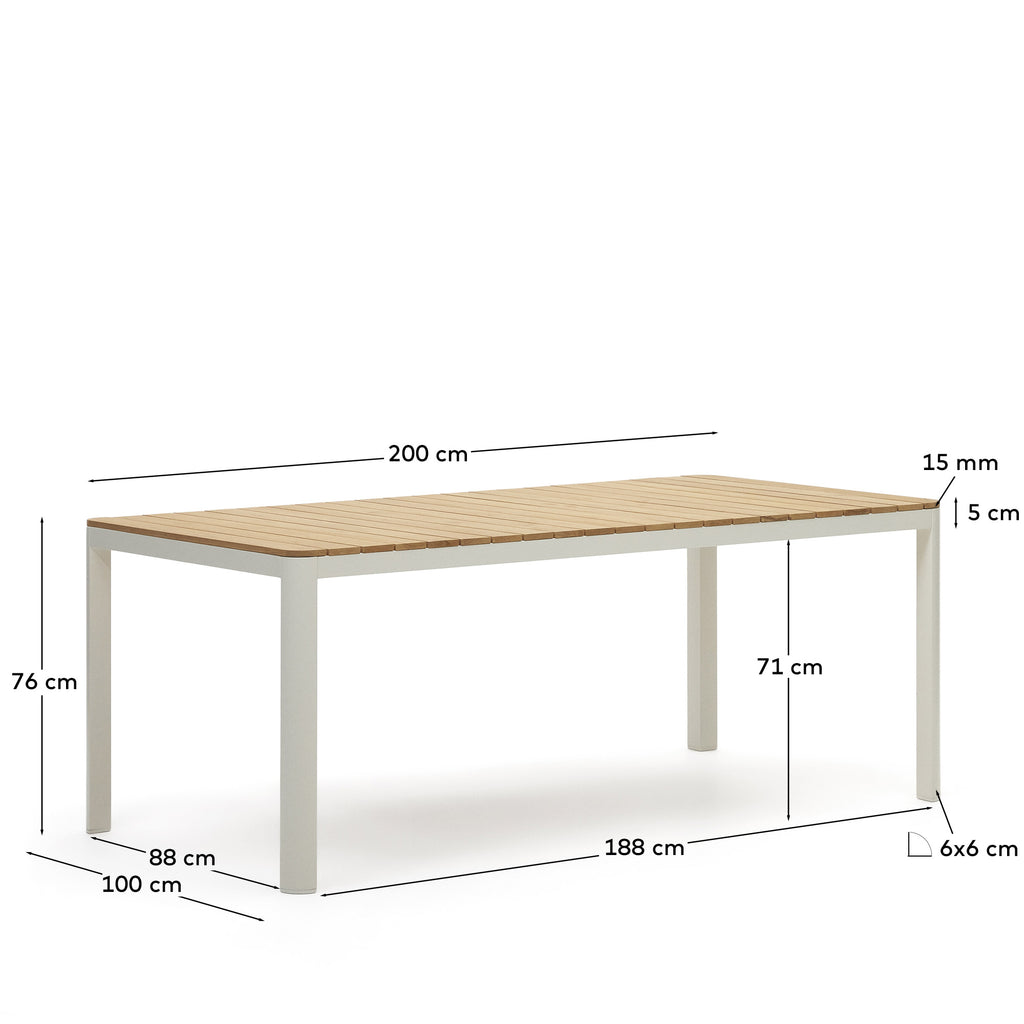 Bona aluminium and solid teak table, 100% outdoor suitable with white finish, 200 x 100 cm