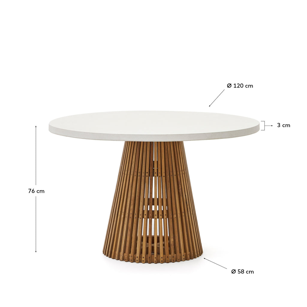 Alcaufar round outdoor table made of solid teak wood and white cement Ø 120 cm