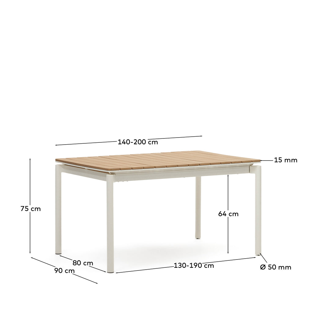 Canyelles extendable outdoor table, plastic lumber and matte white aluminium, 140 (200) x 90 cm