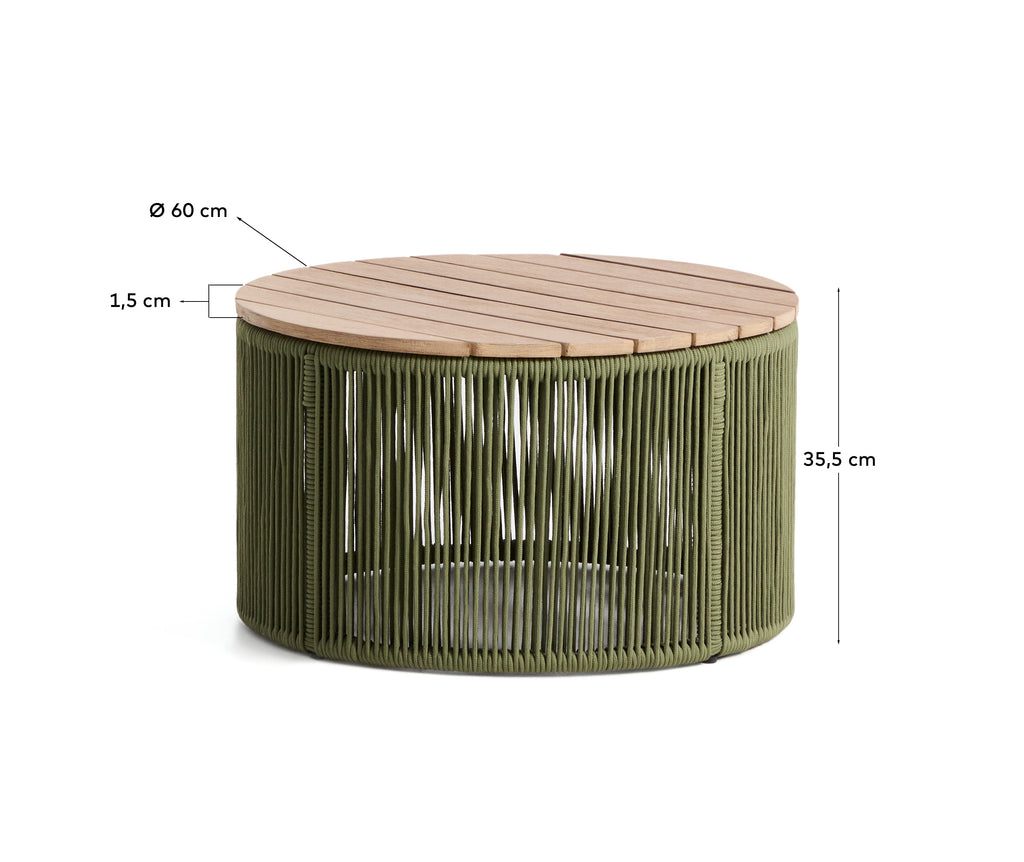 Dandara coffee table in steel, green rope cord and solid acacia wood Ø60cm FSC 100%