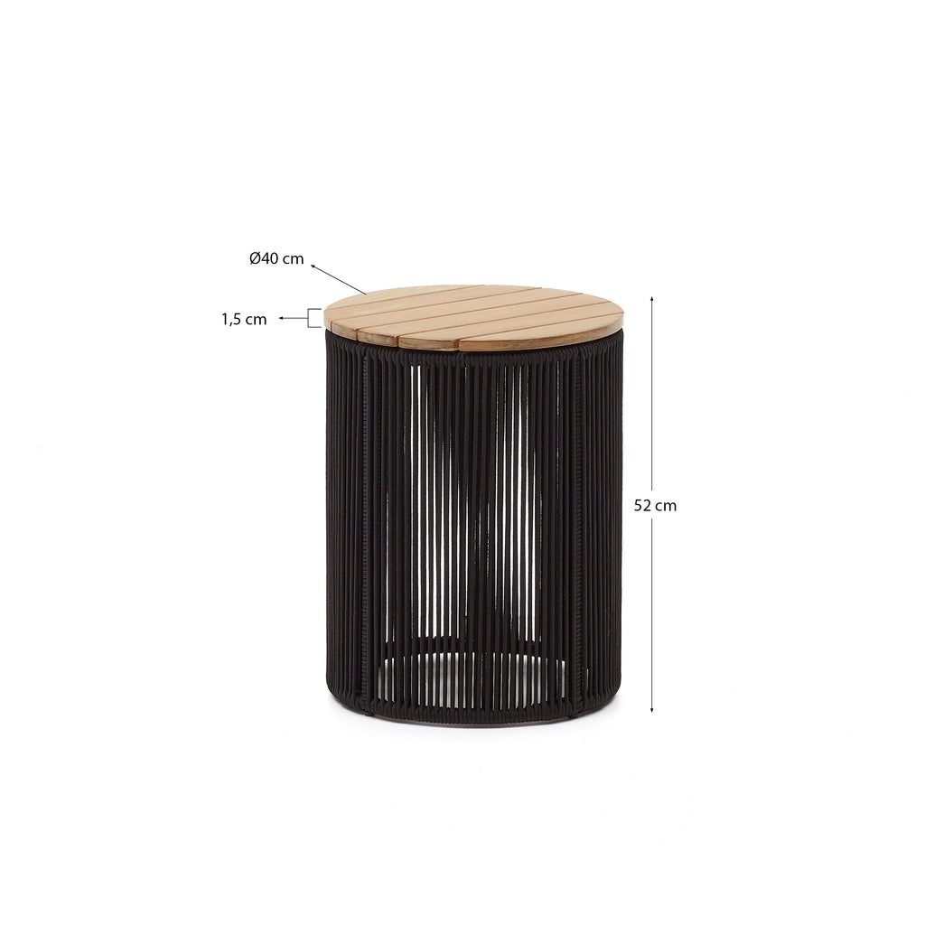 Dandara side table made of steel, black cord and solid acacia wood, Ø40 cm FSC 100%