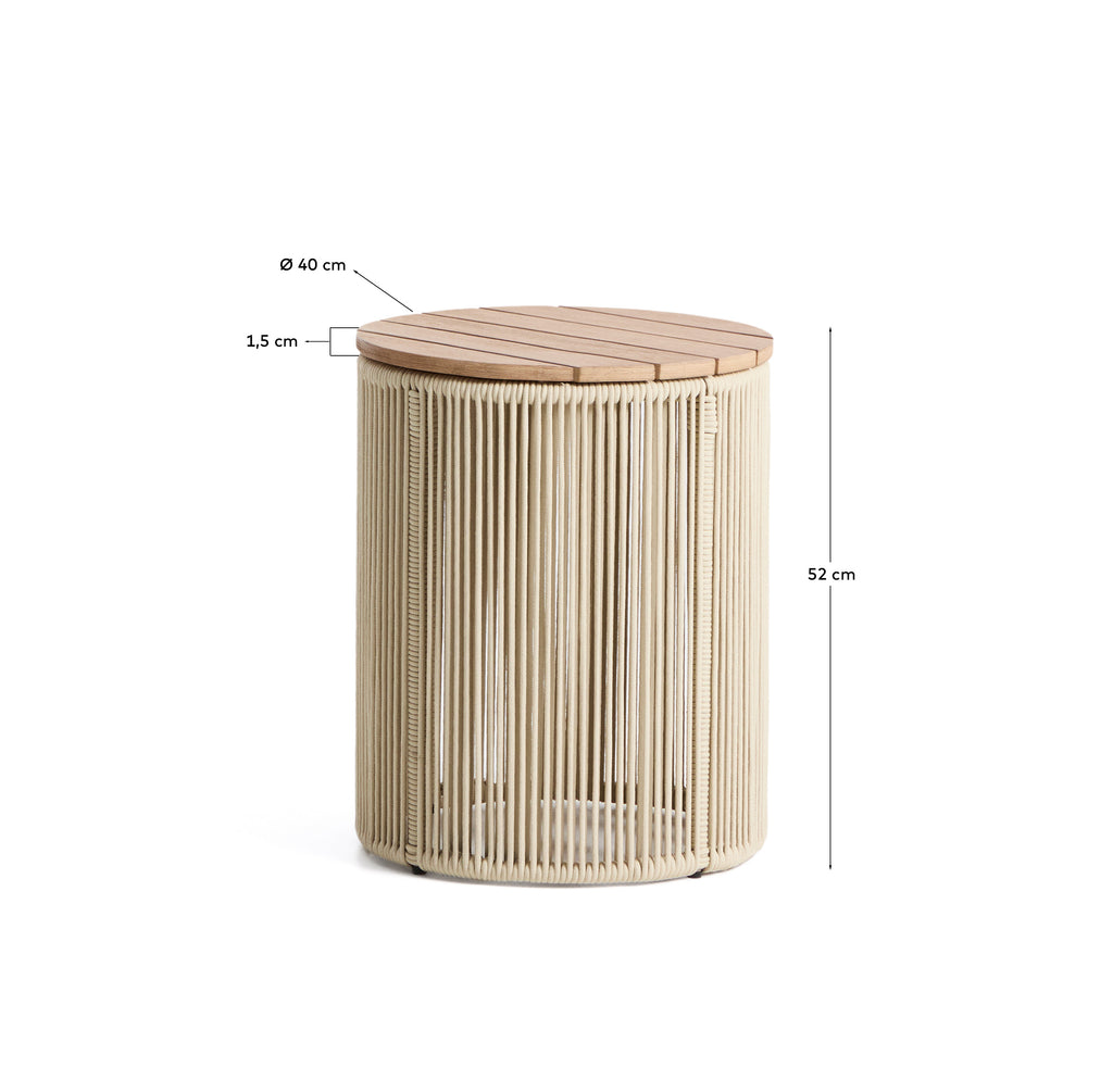 Dandara side table in steel, ecru rope cord and solid acacia wood Ø40cm FSC 100%
