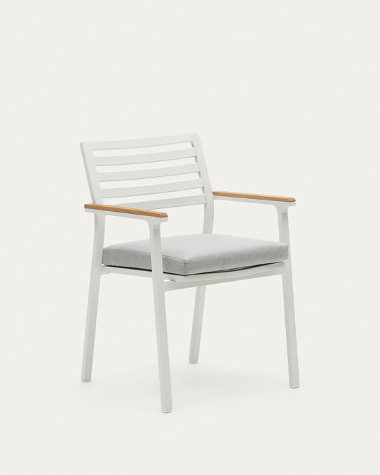 Bona aluminium stackable garden chair with a white finish and solid teak wood armrests