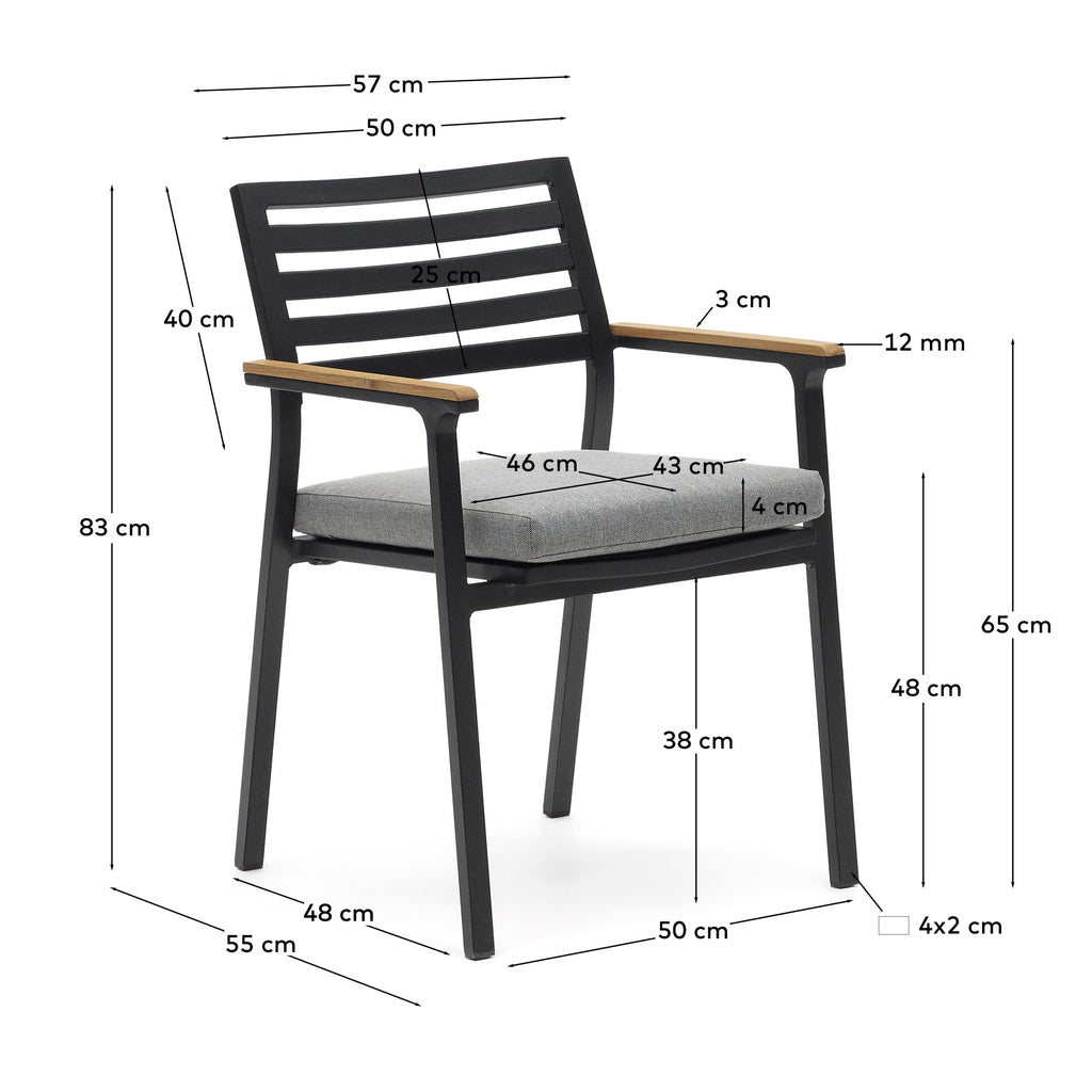 Bona stackable aluminium garden chair with a black finish and solid teak wood armrests
