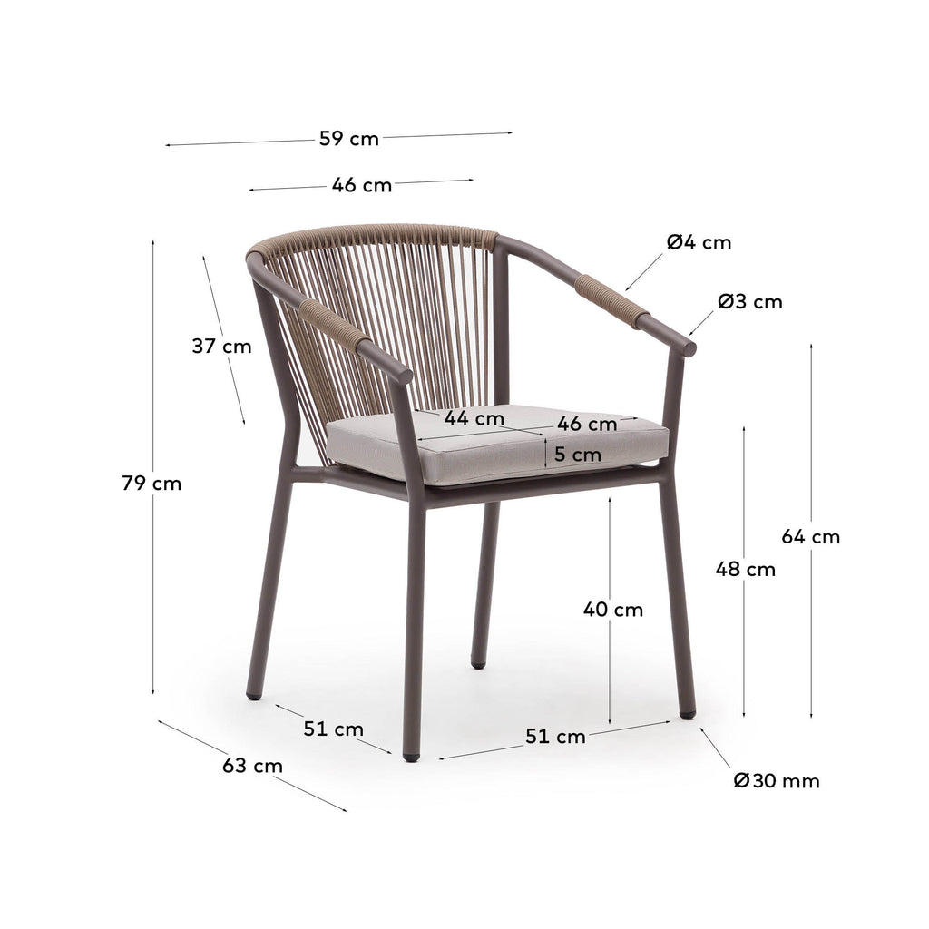Xelida stackable garden chair in aluminium and brown cord