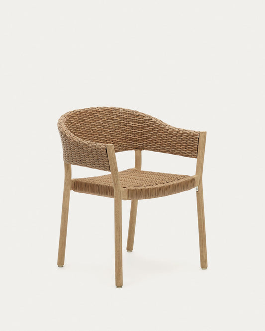 Pola 100% outdoor stackable chair in solid eucalyptus and faux-rattan with a natural finish, FSC