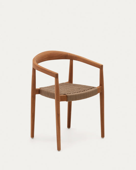 Ydalia stackable outdoor chair in solid teak wood with natural finish and beige rope