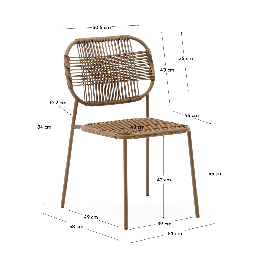 Talaier stackable outdoor chair made of synthetic rope and galvanized steel in brown finish