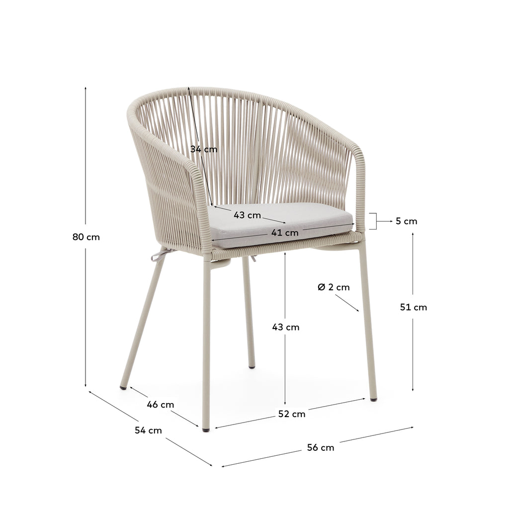 Yanet chair with synthetic rope in ecru and galvanized steel legs