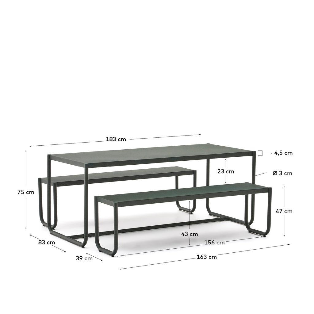 Sotil Set of 2 Benches and Galvanized Steel Table with Green Finish 183 x 83 cm