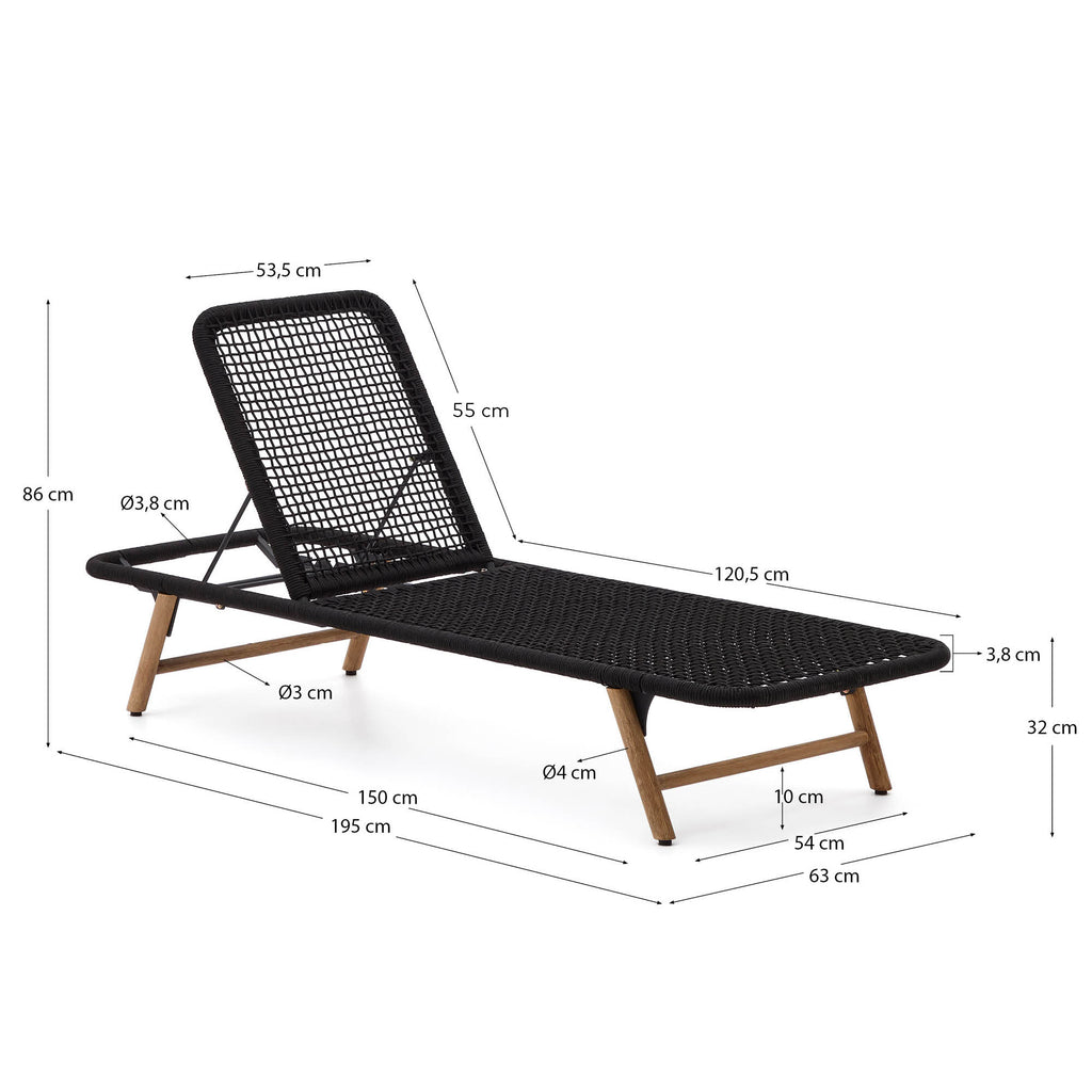 Dandara sun lounger with steel structure, black cord and solid acacia wood legs FSC 100%