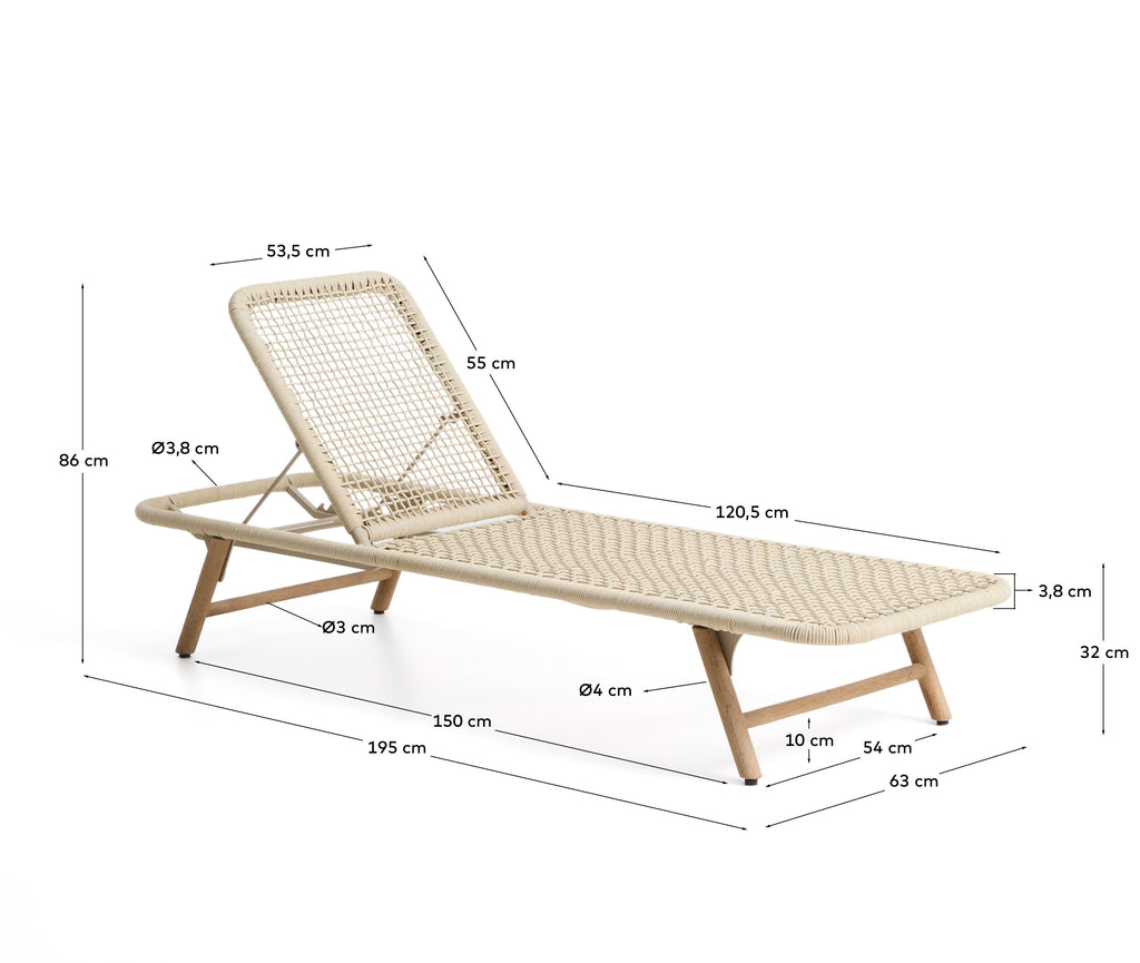 Dandara sun lounger in steel, ecru rope and legs in solid FSC 100% acacia wood