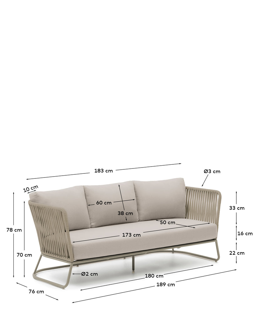 Saconca outdoor 3-seater sofa in rope cord and beige galvanised steel 189 cm