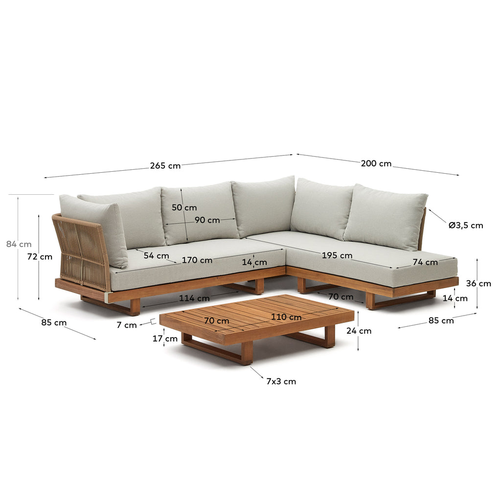 Raco 5 seater corner sofa and coffee table, made from solid acacia wood