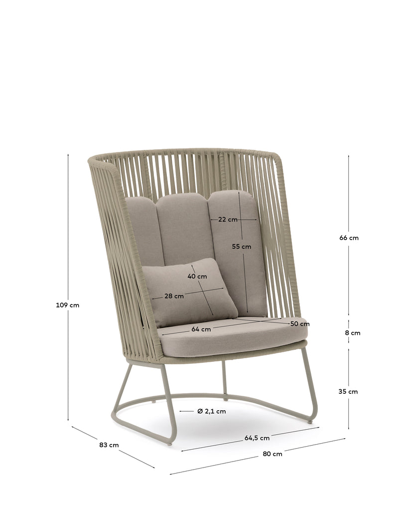 Saconca outdoor armchair with high backrest made of rope cord and beige galvanised steel
