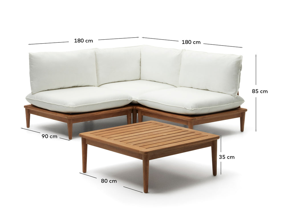 Portitxol set of 1 corner armchair, 2 modular armchairs and coffee table in solid teak