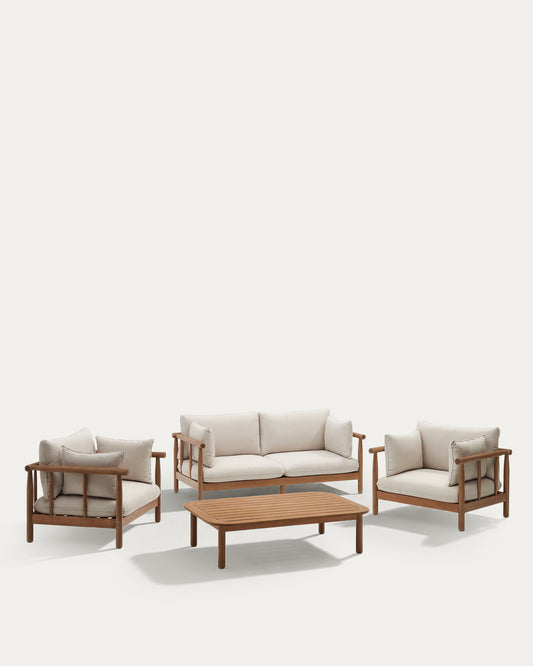 Sacova set of 2 armchairs, 2 seater sofa and coffee table in solid eucalyptus wood FSC