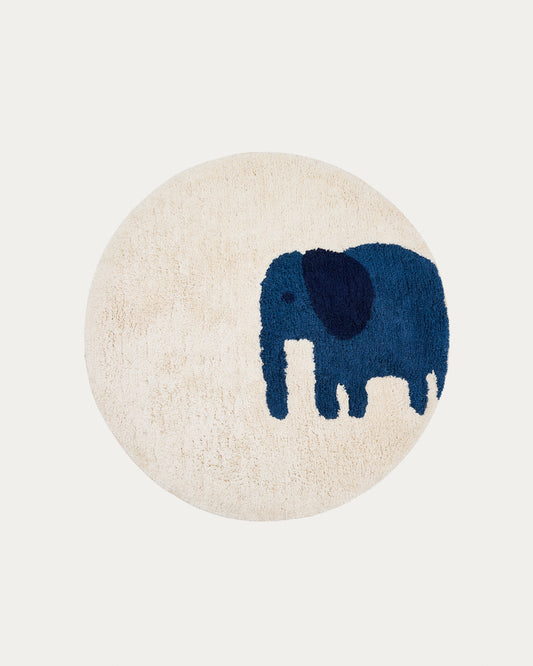 Tandani beige cotton round rug with blue elephant Ø 100cm