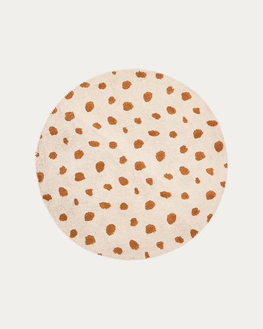Tandani beige cotton round rug with orange cheetah design Ø 100cm
