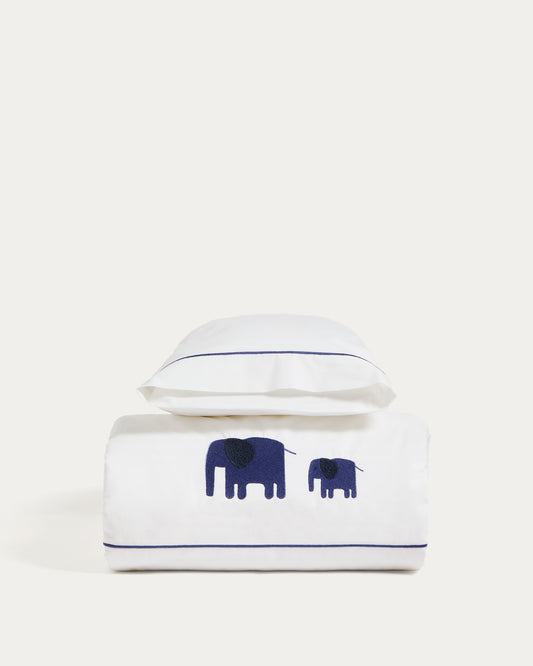Tandari duvet cover and pillowcase set in beige cotton percale with embroidered elephant for 70cm bed