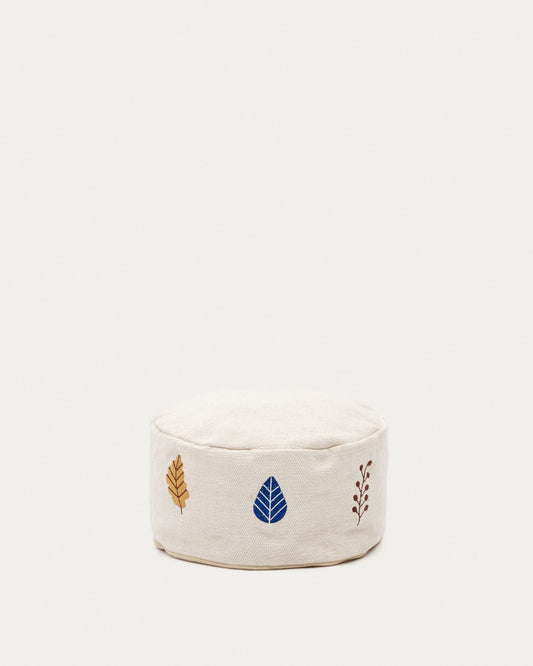 Yanil 100% white cotton pouffe with multicolour leaf embroidery, Ø 40 cm