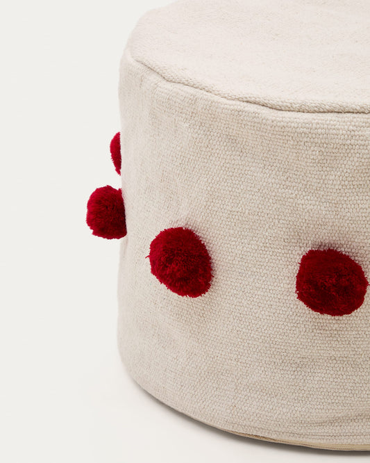 Manua beige, cotton pouffe with red tassels, Ø 40 cm