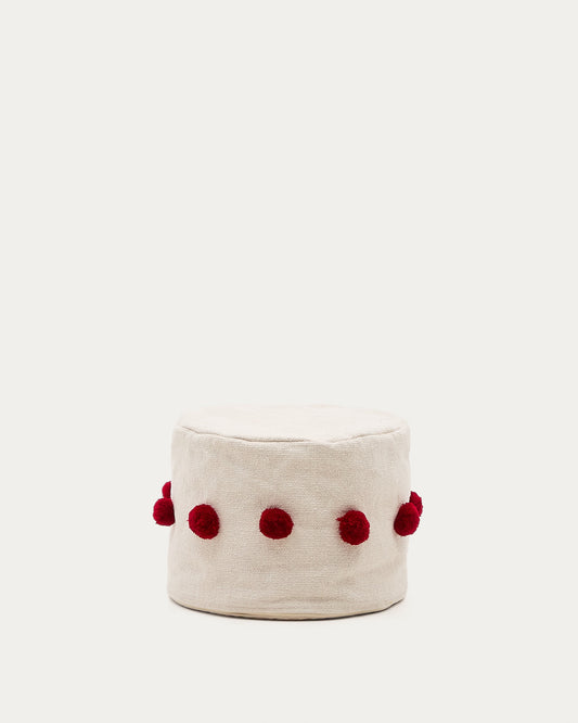 Manua beige, cotton pouffe with red tassels, Ø 40 cm