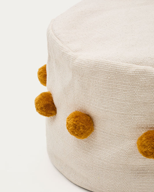 Manua beige, cotton pouffe with mustard-coloured tassels, Ø 40 cm