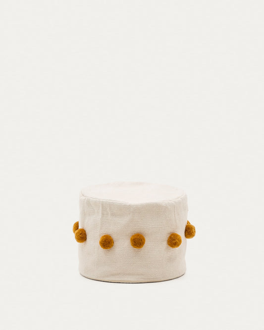 Manua beige, cotton pouffe with mustard-coloured tassels, Ø 40 cm