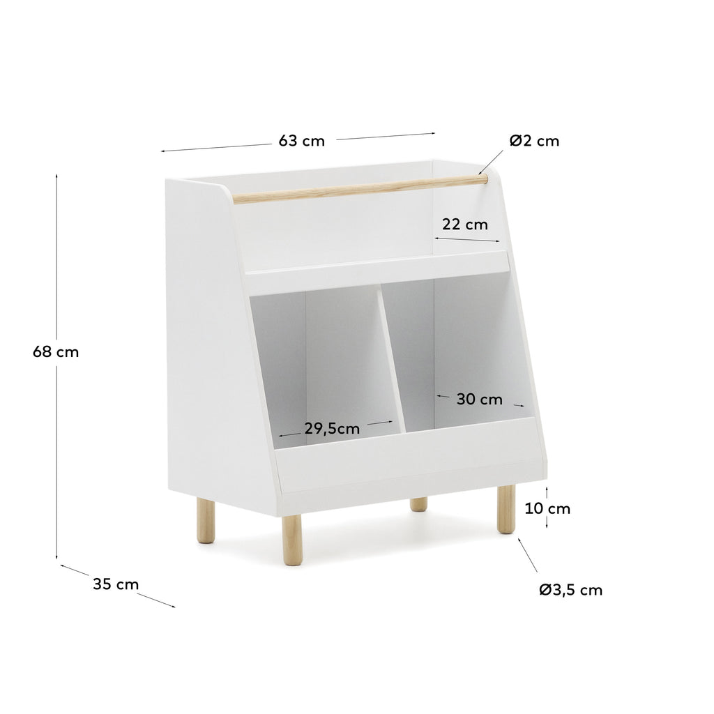 Serwa bookcase in white MDF with solid pine legs and bar