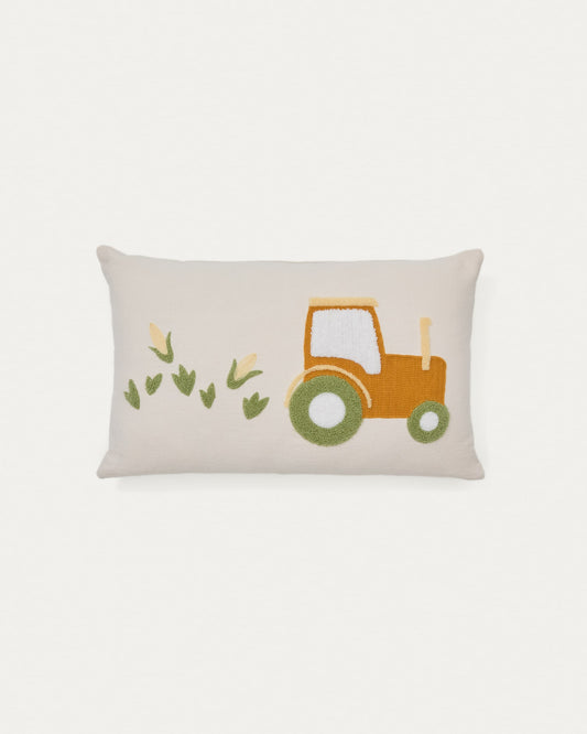 Pecky cushion cover in beige cotton with a tractor embroidery feature, 30 x 50 cm