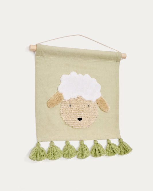 Milu wall tapestry in green cotton with a sheep and green tassels