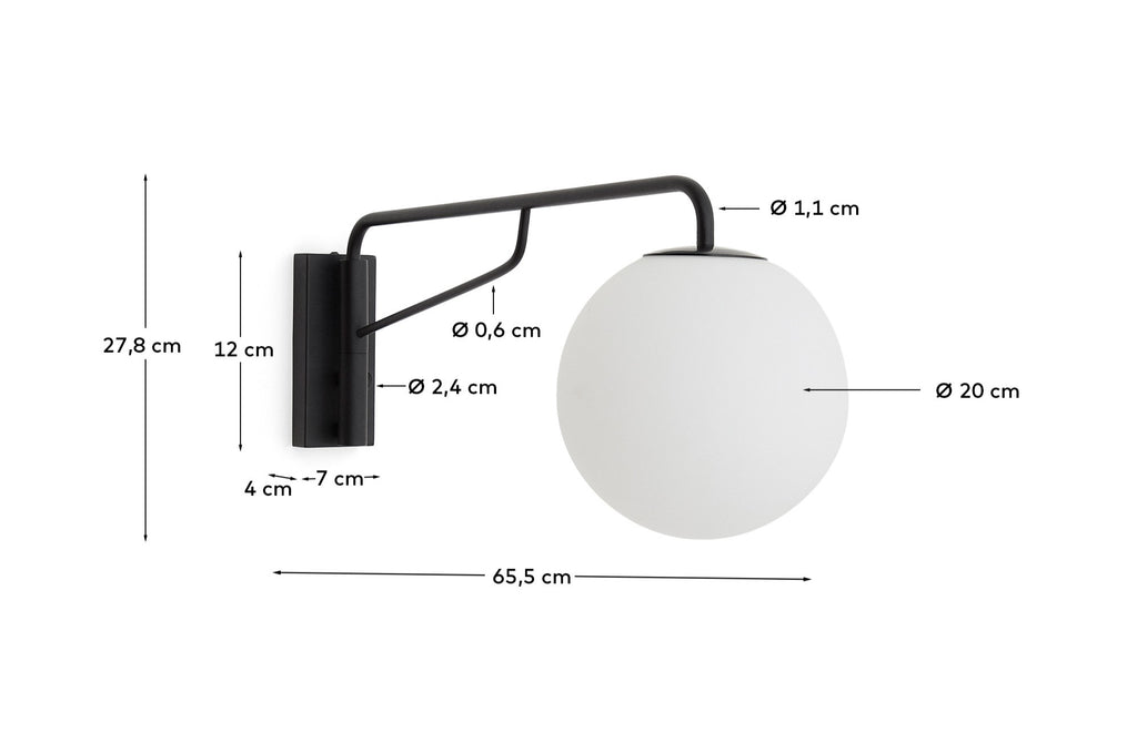 Eilo wall light in black steel with frosted glass globe