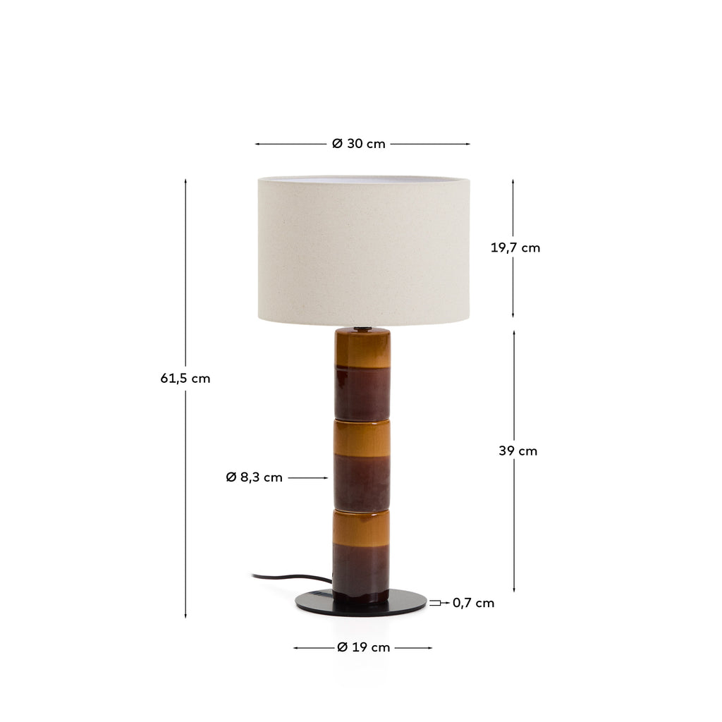 Mavran table lamp with brown and mustard ceramic base and cotton lampshade
