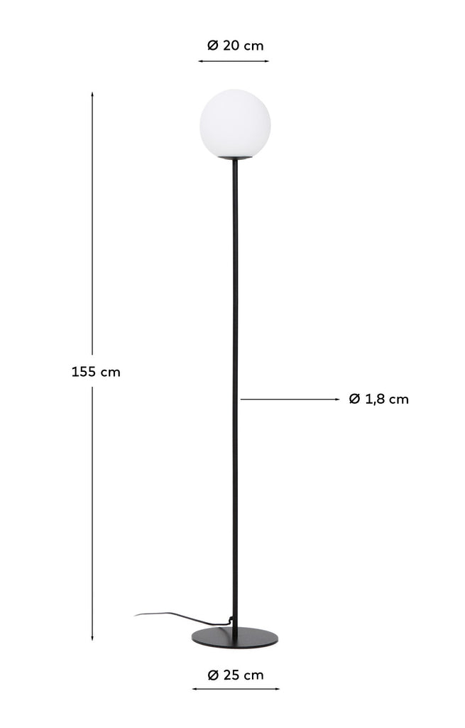 Brisia metal floor lamp with black finish and 1 frosted glass ball Ø20 cm