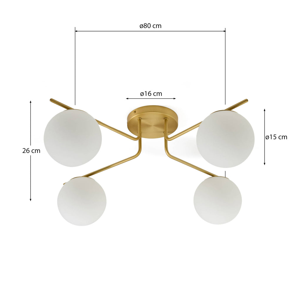 Brisia metal ceiling lamp with brushed brass finish and 4 frosted glass balls Ø15cm