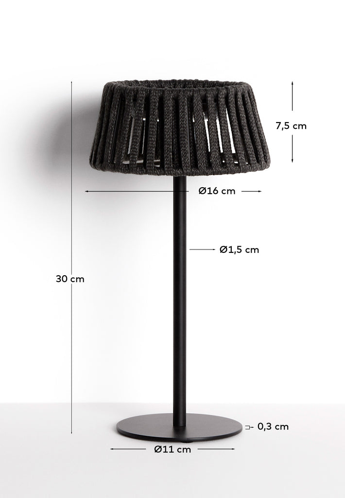 Aldet outdoor solar table lamp in black flat rope cord with metal stand