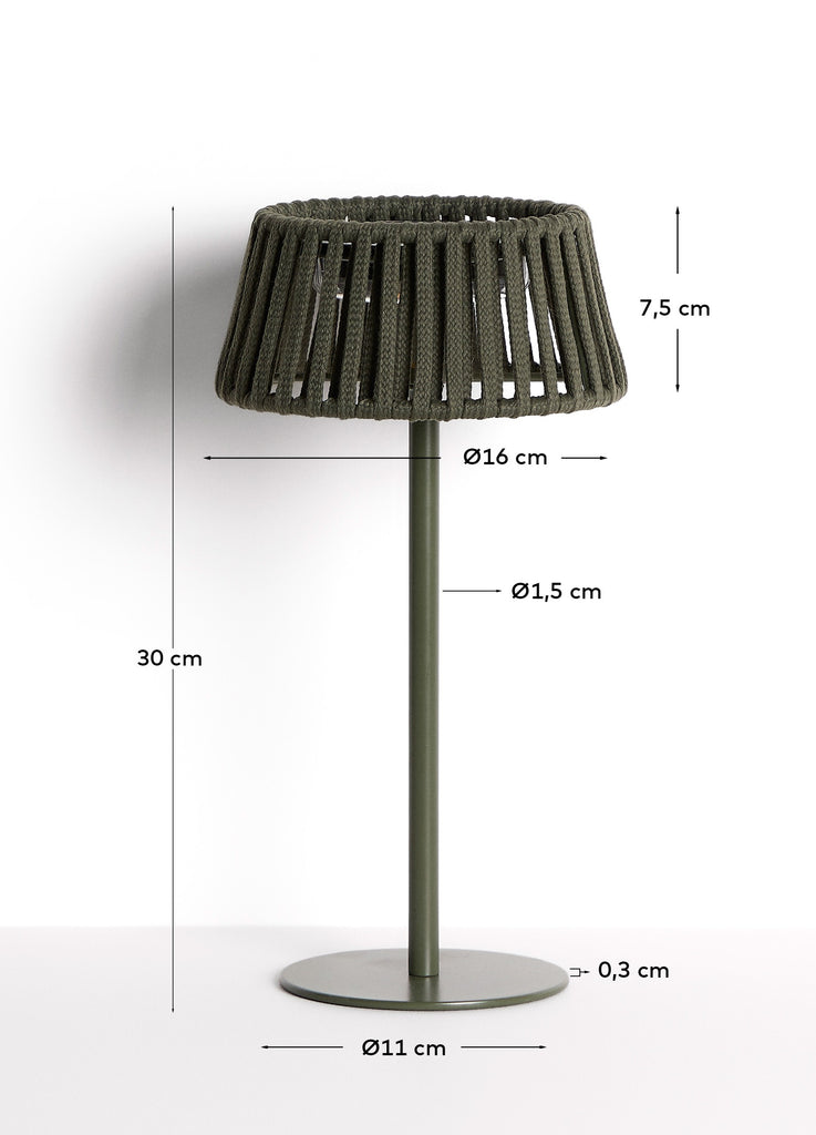 Aldet outdoor solar table lamp in green flat rope cord with metal stand
